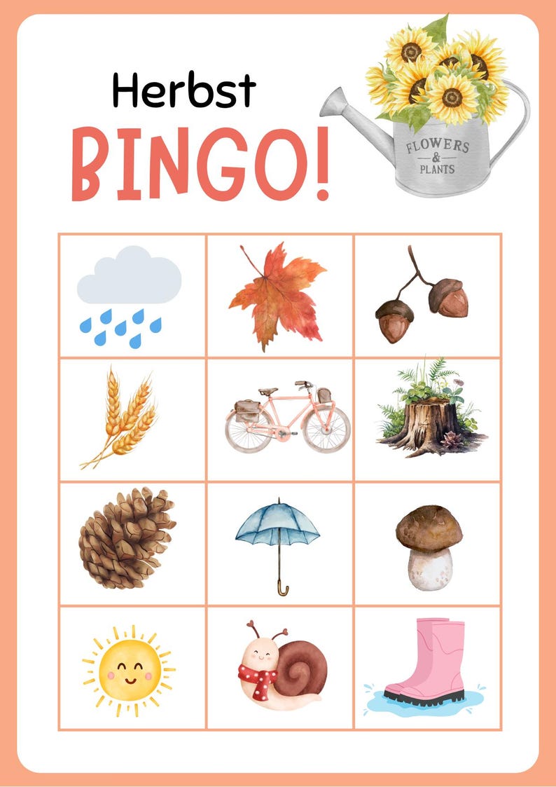 Op de afbeelding: Een bingokaart in aquarel met het woord "Herbst BINGO!" bovenaan. De kaart bevat illustraties van herfstthema's zoals een esdoornblad, eikels, een fiets, een paddenstoel en een lachende zon. Een gieter gevuld met zonnebloemen staat in de rechterbovenhoek.