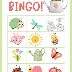 Op de afbeelding: Een bingokaart met lentethema met de tekst "Fr&uuml;hlings BINGO!". De kaart bevat kleurrijke illustraties van lente-elementen zoals een lieveheersbeestje, een bij, bloemen en een gieter. De achtergrond is lichtgroen.