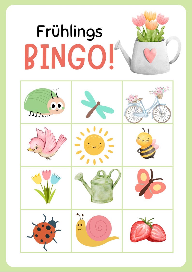Op de afbeelding: Een bingokaart met lentethema met de tekst "Fr&uuml;hlings BINGO!". De kaart bevat kleurrijke illustraties van lente-elementen zoals een lieveheersbeestje, een bij, bloemen en een gieter. De achtergrond is lichtgroen.