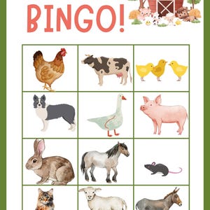 Op de afbeelding: Een bingokaart met boerderijthema met de titel "Tier BINGO!" in rode letters. De kaart bevat aquarel illustraties van boerderijdieren, waaronder een kip, koe, kuikens, hond, gans, varken, konijn, paard, muis, kat, lam en ezel.