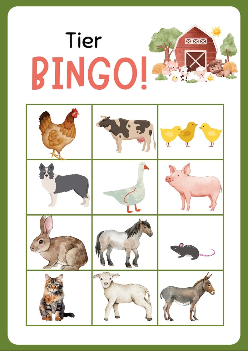 Op de afbeelding: Een bingokaart met boerderijthema met de titel "Tier BINGO!" in rode letters. De kaart bevat aquarel illustraties van boerderijdieren, waaronder een kip, koe, kuikens, hond, gans, varken, konijn, paard, muis, kat, lam en ezel.