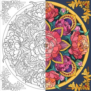 May include: A coloring page featuring a half-colored and half-uncolored mandala design with intricate floral patterns. The mandala is surrounded by a gold frame and a dark blue background. The colored side features pink, red, and purple flowers.