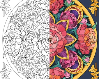 May include: A coloring page featuring a half-colored and half-uncolored mandala design with intricate floral patterns. The mandala is surrounded by a gold frame and a dark blue background. The colored side features pink, red, and purple flowers.