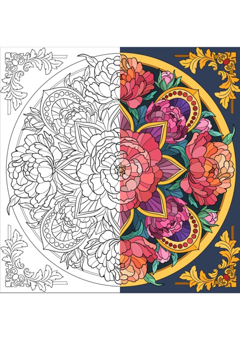 May include: A coloring page featuring a half-colored and half-uncolored mandala design with intricate floral patterns. The mandala is surrounded by a gold frame and a dark blue background. The colored side features pink, red, and purple flowers.