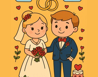 Peut inclure: Illustration de mariage sur fond jaune. Une mariée en robe blanche et voile tient des roses rouges. Le marié porte un costume bleu. Des alliances dorées et un gâteau à trois étages sont également présents.