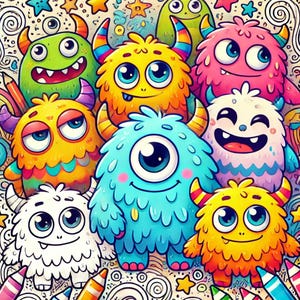 May include: A group of colorful, cartoon monsters with big eyes and friendly smiles. The monsters are all different shapes and sizes, and they are surrounded by stars and swirls.