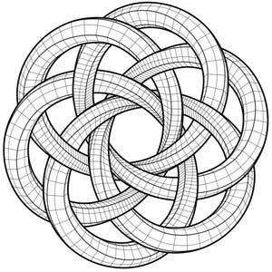 May include: A black and white line drawing of a geometric shape with multiple overlapping circles. The circles are connected and form a complex pattern.