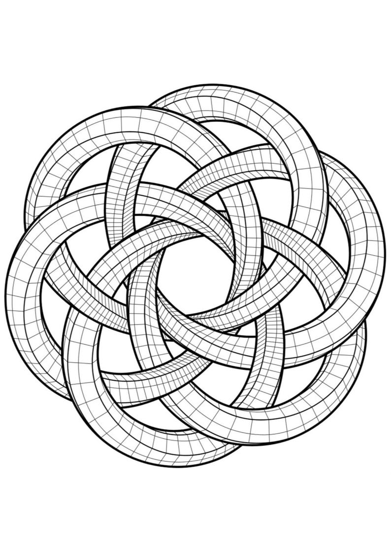 May include: A black and white line drawing of a geometric shape with multiple overlapping circles. The circles are connected and form a complex pattern.