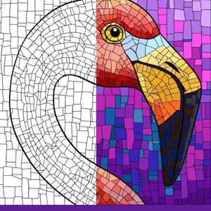 May include: A mosaic-style coloring page of a flamingo with half of the image colored in and the other half left blank for coloring. The flamingo is pink, orange, yellow, and blue.