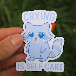 Crying Is Self Care Sticker – BPD Mental Health Vinyl Decal, Cute Sad Raccoon Therapy Sticker, Depression Humor Sticker