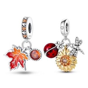 Charms 925 Silber passend für Pandora 925 Original Armband Halskette Damen Herbst Ahornblatt 2-teiliges Set Charms DIY edler Schmuck Geschenke