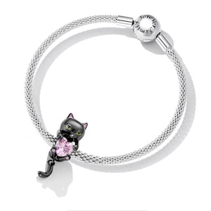 925 Sterling Silver Cartoon Black Cat Bead fit Orignal Bracelet & Bangle Cute Tail Pendant Fine Jewelry DIY Gift