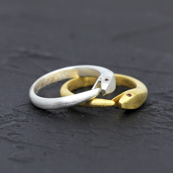 Sterling Silver or Vermeil Gold Snake Ring with Ruby Red Color Eye 00, Ouroboros Snake Ring, Circle of life ring, Rebirth Ring  // BB-RB001
