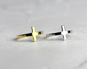 Sideways Cross Ring, Sterling Silver or Gold Vermeil, Side ways Cross, Modern Cross Ring, Modern Religious Minimalist Jewelry // BB-R010