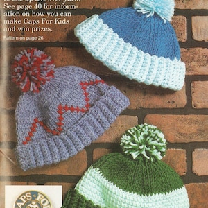 May include: Three crocheted hats for kids in blue, purple, and green with white accents. Each hat has a pom-pom on top. The hats are displayed against a brick wall. The text "Caps For Kids" is at the top of the image. "Larger than actual size" is below a picture of a hat with the words "Caps For Kids".