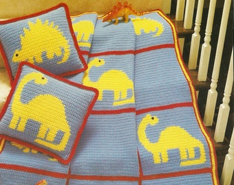 Vintage Crochet World Pattern, Dinosaur Blanket and Pillow