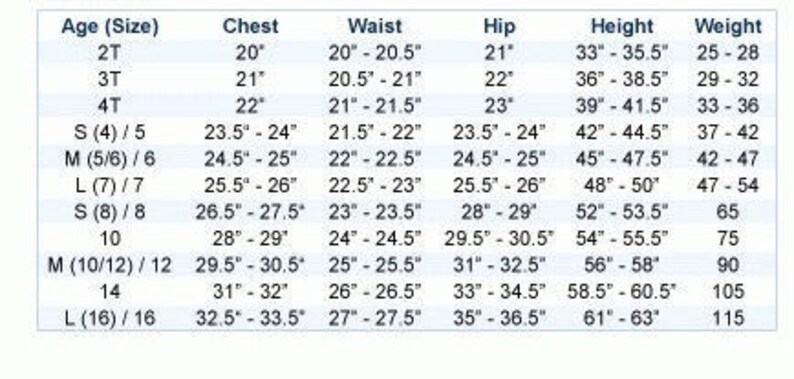 Etsy Size Chart