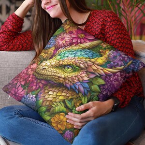 Dragon Head Faux Suede Pillow, Square Dragon Pillow, Colorful Sofa Throw Pillow, Intricately Detailed Home Accent, Living Room Decor