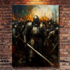 Medieval Fantasy Canvas Print - Armored Warrior with Sword, Historical Battle Scene Wall Art, Medieval Knight Home Decor & Art Gift