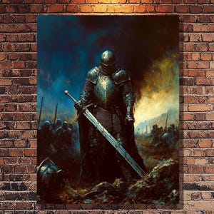 Medieval Knight Canvas Print - Armored Warrior with Sword, Historical Battle Scene Wall Art, Medieval Fantasy Home Decor & Art Gift