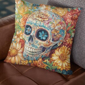 Day of the Dead Sugar Skull Floral Decorative Faux Suede Cushion, Home Decor Accent, Throw Pillow, Gift for Her, Boho Chic Room Accessory