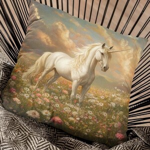 Fantasy Unicorn Pillow, Faux Suede Floral Throw Pillow, Unicorn Cushion, Whimsical Home Decor, Square Accent Pillow, Unique Gift for Her