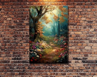 Impresión en lienzo de bosque encantado: arte de pared de fantasía caprichosa, decoración de bosque místico, pintura de camino de hongos y flores de colores vibrantes