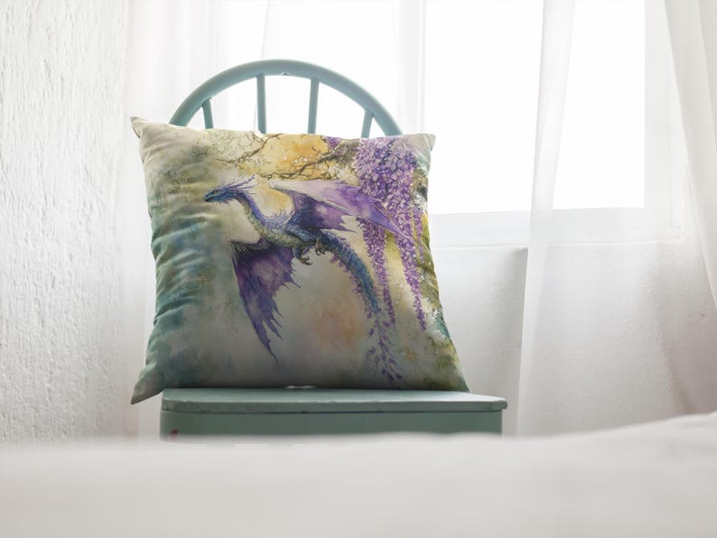 Watercolor Dragon Square Pillow, Colorful Home Decor Accent, Faux Suede Dragon Cushion Unique Gift Idea Sofa Throw Pillow, Living Room Decor image 9