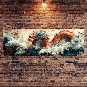 Red Dragon Panorama Canvas, Dragon Wall Art, Dragon Print, Large Dragon Canvas, Chinese Dragon Canvas, Asian Style art, Water Dragon art