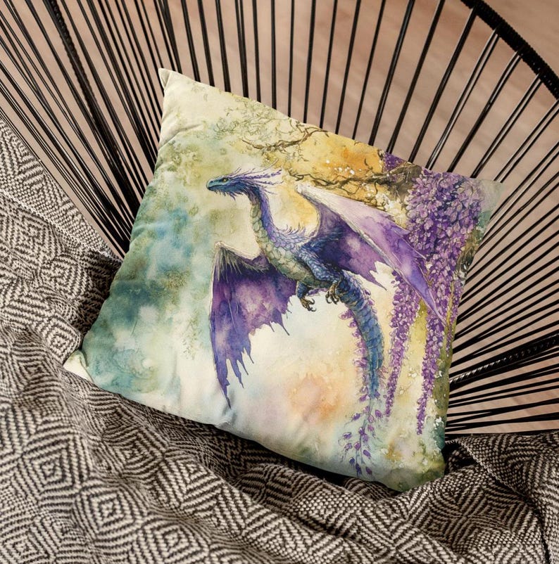 A Watercolor Dragon adorns this square throw pillow.