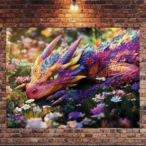 Colorful Dragon Wall Art, Dragon Art Print, Colorful Dragon Wall Canvas Art, Dragon bed of flowers, vibrant colors, Young cute dragon