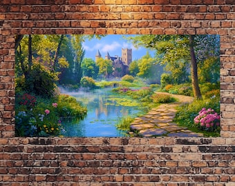 Medieval Fairy Tale Castle Canvas Print, Fantasy Flower Garden & Whimsical Wall Art, Enchanted Decor for Rustic, Unique Home Accent