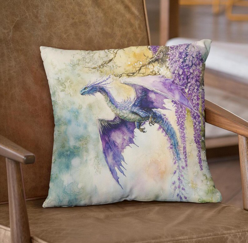 Watercolor Dragon Square Pillow, Colorful Home Decor Accent, Faux Suede Dragon Cushion Unique Gift Idea Sofa Throw Pillow, Living Room Decor image 5