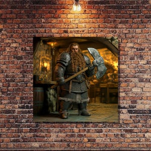 Episch portret dwergenkrijger, fantasy art canvas print met volledig pantser en bijl, middeleeuwse held in gevecht klaar pose, dwergkunst
