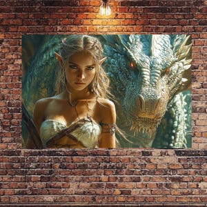 Elf and Dragon Poster, Wall Art Print, Mythical Illustration, Mythical Creature Decor, Magical Fantasy Art Print, Unique Mythical