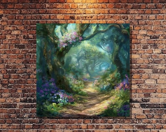 Enchanted Forest Path Art Canvas Print,  Beautiful Forest Painting with Flowers, Botanical Wall Art, Rustic Nature Decor for Your Home