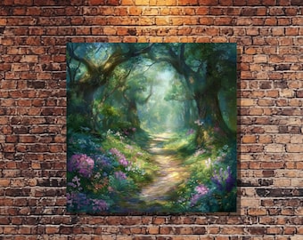 Enchanted Forest Art Canvas Print,  Beautiful Forest Path Painting with Flowers, Botanical Wall Art, Rustic Nature Decor for Your Home
