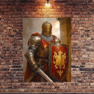 Brave Knight Canvas Print, Epic Medieval Art of a Sword & Shield Warrior, Heroic Wall Art, Armor Decor, Timeless Knight Painting for Home