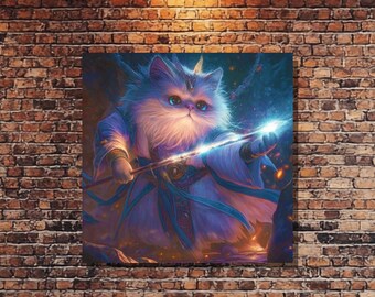 Arte de mago gato lanzando hechizos: impresión en lienzo de fantasía de felino mágico en retrato de mago, obra de arte mágica de gato místico, hechizado