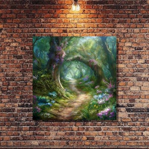 Beautiful Forest Art Canvas Print,  Enchanted Forest Path Painting with Flowers, Botanical Wall Art, Rustic Nature Decor for Your Home