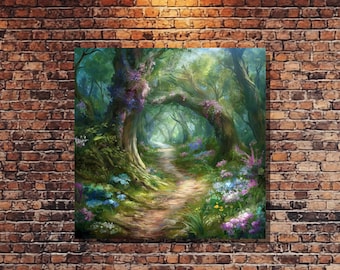 Beautiful Forest Art Canvas Print,  Enchanted Forest Path Painting with Flowers, Botanical Wall Art, Rustic Nature Decor for Your Home