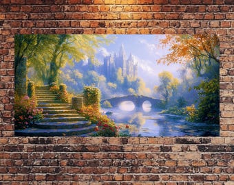 Enchanted Medieval Castle Canvas Print, Fantasy Flower Garden & Whimsical Wall Art, Fairy Tale Decor for Rustic, Unique Home Accent