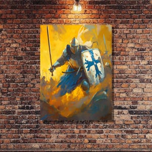 Epic Knight Canvas Print, Brave Medieval Art of a Sword & Shield Warrior, Heroic Wall Art, Armor Decor, Timeless Knight Painting for Home