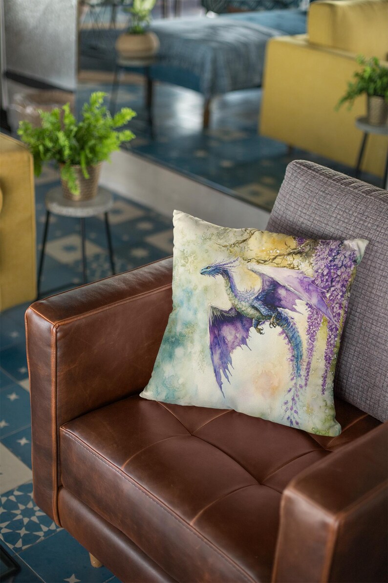 Watercolor Dragon Square Pillow, Colorful Home Decor Accent, Faux Suede Dragon Cushion Unique Gift Idea Sofa Throw Pillow, Living Room Decor image 8