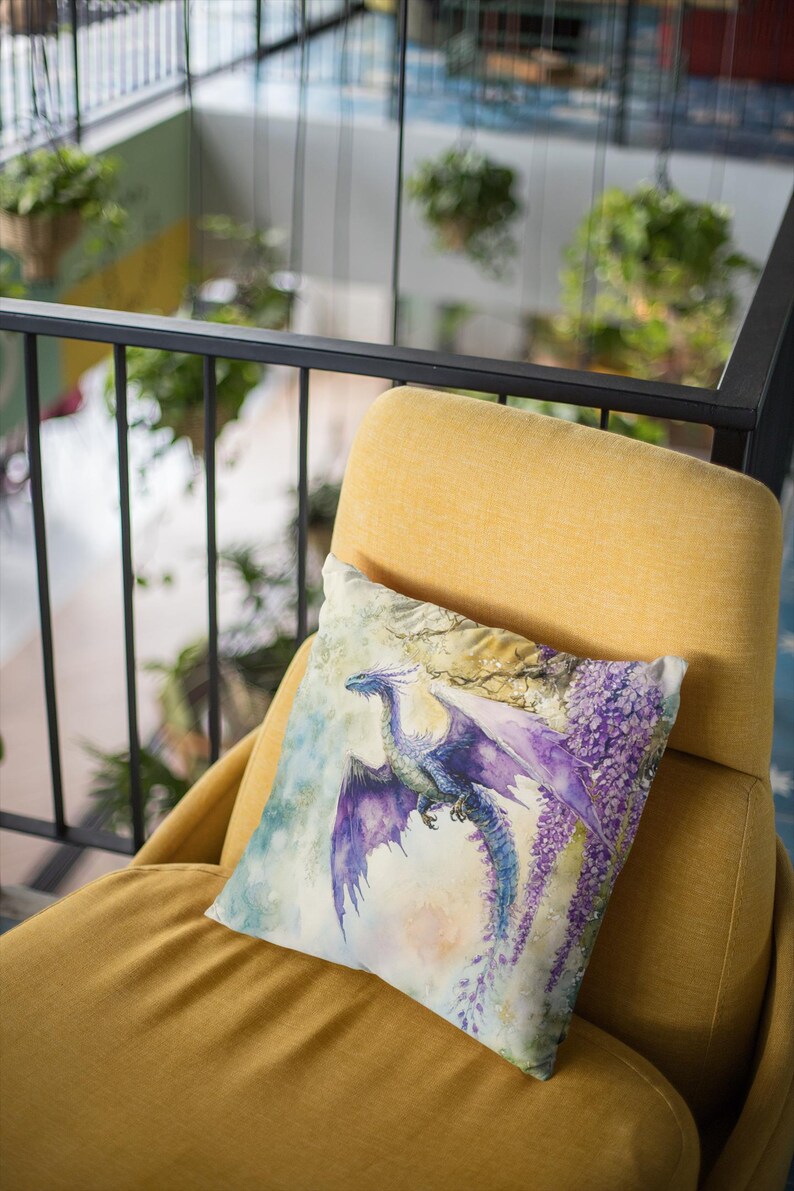Watercolor Dragon Square Pillow, Colorful Home Decor Accent, Faux Suede Dragon Cushion Unique Gift Idea Sofa Throw Pillow, Living Room Decor image 7