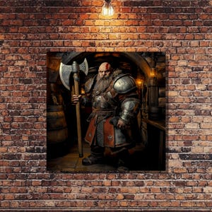 Portret dwergenkrijger, fantasy art canvas print met volledig pantser en bijl, middeleeuwse held in gevechtsklare pose, epische dwergkunst