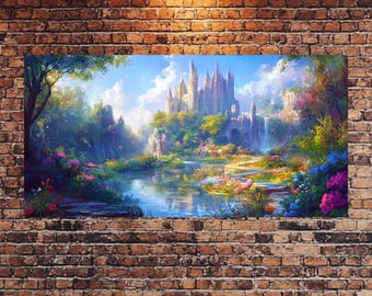 Medieval Enchanted Castle Canvas Print, Fantasy Flower Garden & Whimsical Wall Art, Fairy Tale Decor for Rustic, Unique Home Accent