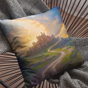 Castle Ruins Square Pillow, Sunset Scene, Cozy Home Decor, Medieval Cushion, Gothic Throw Pillow, Fantasy Accent Pillow, Faux Suede Bolster