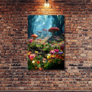Magical Forest Canvas Print - Whimsical Mushroom Fantasy Wall Art, Enchanted Woodland Decor, Vibrant Colorful Flower & Mushroom Painting