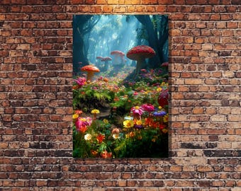 Magical Forest Canvas Print - Whimsical Mushroom Fantasy Wall Art, Enchanted Woodland Decor, Vibrant Colorful Flower & Mushroom Painting